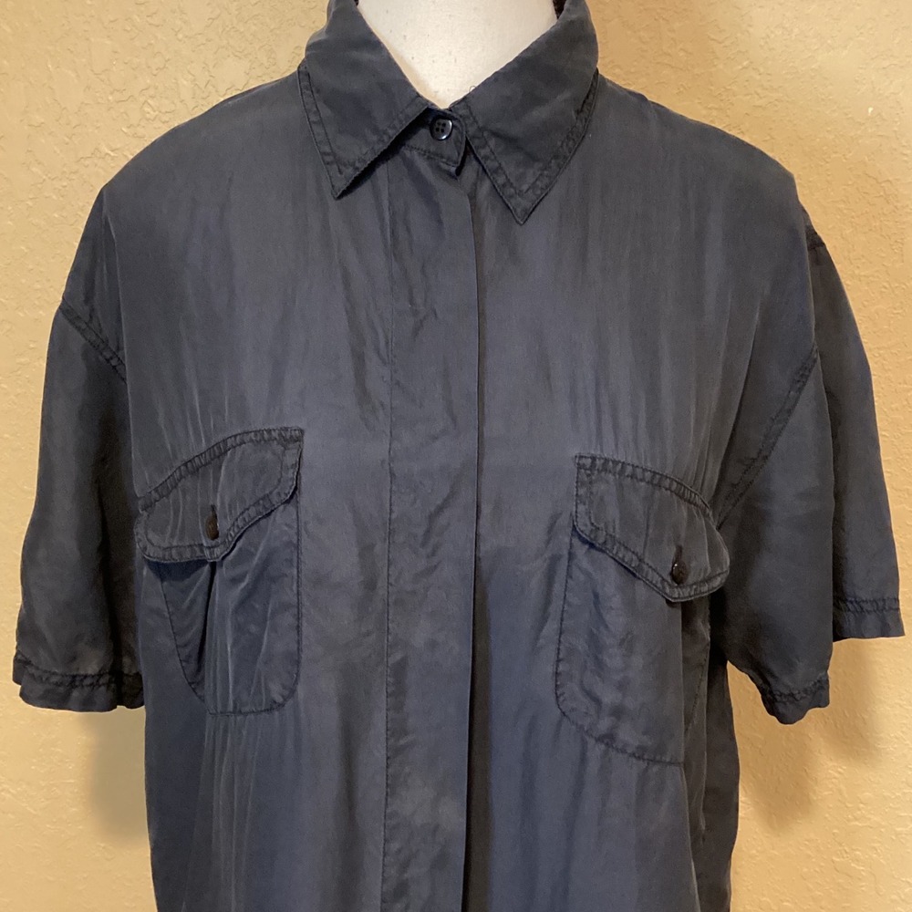 Knit Knit European Brand 100% Silk Black Collared Button Up Top, Women's Medium - Picture 2 of 5